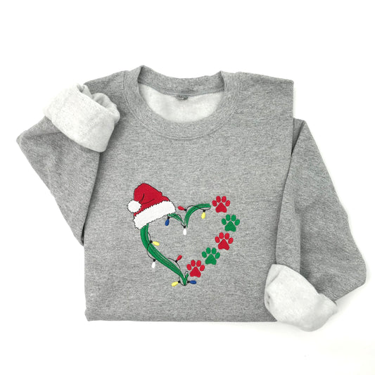 Christmas Lights Heart Paw Embroidered Crewneck